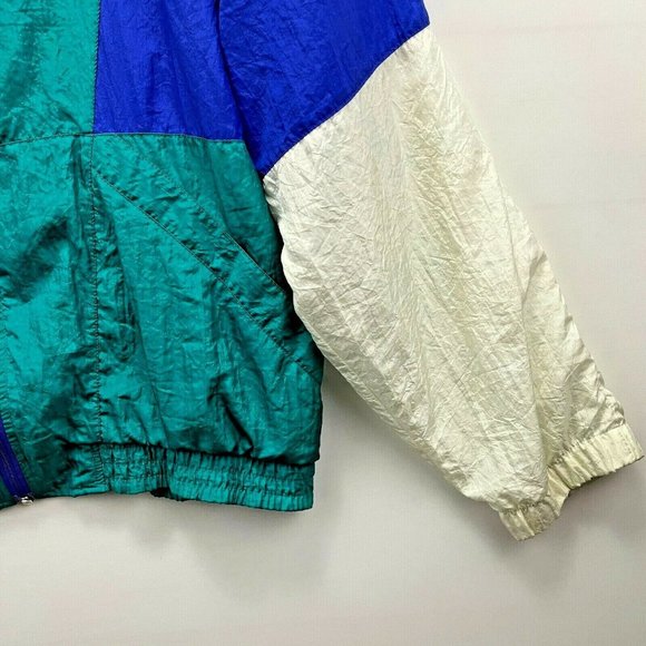 Vintage Retro 1990s Full Zip Nylon Green Blue Windbreaker Track Jacket Size XL - Picture 4 of 9